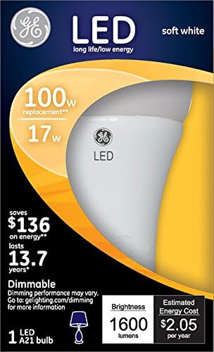 GE Lighting 83693 LED 17-watt 1600-Lumen Dimmable A21 Bulb with Medium Base, Soft White, 1-Pack