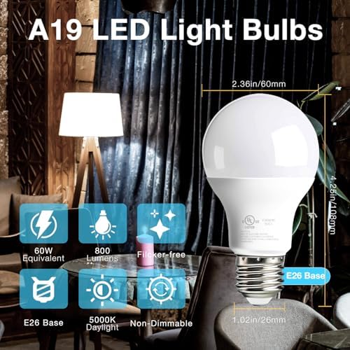 dalattin A19 LED Light Bulbs 60 Watts Equivalent Bulbs,800 LM,Non-Dimmable,Efficient 9W Energy Saving Lights for Living Room,Office,80+ CRI,120V,UL Listed (Daylight White 5000k, 10 Counts)