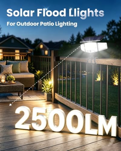 4000mAh Solar Motion Lights Outdoor with Octopus Mount, 2500LM 270° 3-Head Adjustable Solar Flood Lights with Digital Display & Remote, Dual PIR Sensor Security Lights for Fence Yard Patio Gazebo(2)