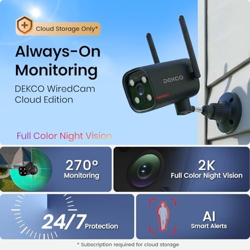 DEKCO Wired 2K Security Camera Outdoor, 180° Pan & 270° Coverage, 24/7 Constant Power Surveillance, Full Color Night Vision, AI Human Detection, Cloud Storage Edition, Spotlight & Siren