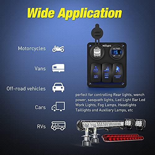 Nilight 3 Gang Rocker Switch Panel 5PIN On Off Laser Pattern Toggle | SPST 12V/20A 24V/10A Dual USB Charger LED Voltmeter Pre-Wired for Rear Rock Sasquatch Lights RV Boats 4X4 Blue