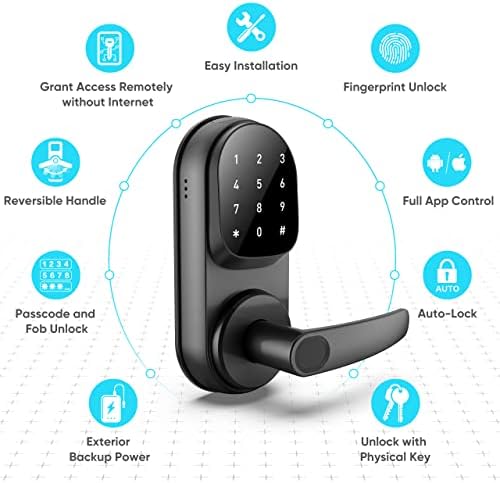 Sifely Keyless Entry Smart Lock - Fingerprint & Keypad Access, Front Door Handle, Black