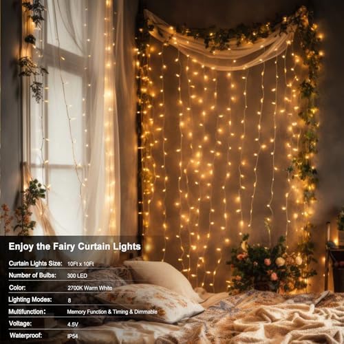 echosari 9.8ft×9.8ft Curtain Lights Battery Operated with Remote Warm White