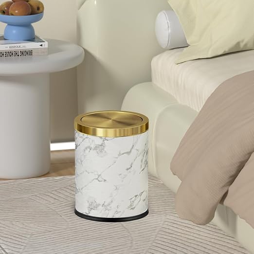 4 Gallon Bathroom Trash Can with Swing Lid, White Marble