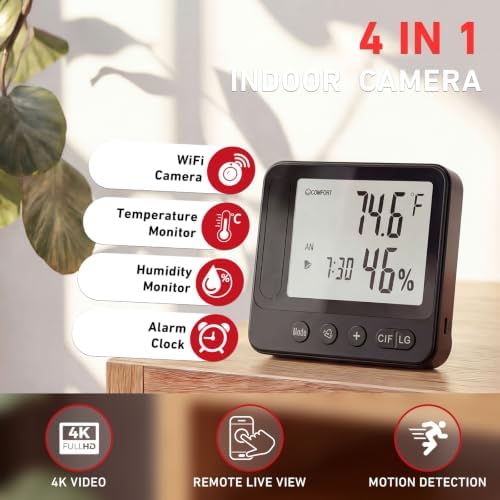 Indoor Camera with Temperature & Humidity Monitor, 4k Indoor WiFi Nanny Cam with Motion Detection, Night Vision, Live View by App, Security Camera for Home, Office, Greenhouse, Garage