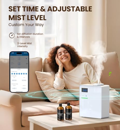 Waterless Essential Oil Diffuser with 2 x 100ML Oils, 5000 Sq.Ft Whole House Scent Machine, 200ml Cold Air Fragrance Diffuser with Bluetooth App Control for Home Hotel Office, White