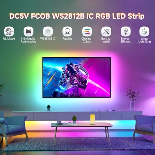 BTF-LIGHTING FCOB COB WS2812B IC RGB LED Strip DC5V 16.4FT 800LED 5mm IP30