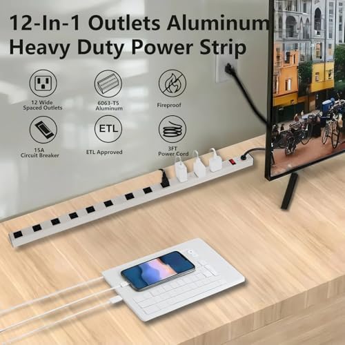 Inland 12 Outlet Long Aluminum Heavy Duty Power Strip with 3FT 14AWG Cord, 15A/1875W, Wide Spaced Outlets, ETL Listed Electrical Outlet Extender, Outlet Splitter, Ideal for Office, Garage, Workshop
