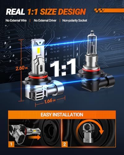 SEALIGHT 9006 LED Bulb for Fog Light and Powersports, 50000 Lumens 6500K White Light,1:1 Mini Size, with Cooling Fan, 3 Mins Plug-N-Play, 2 Pack