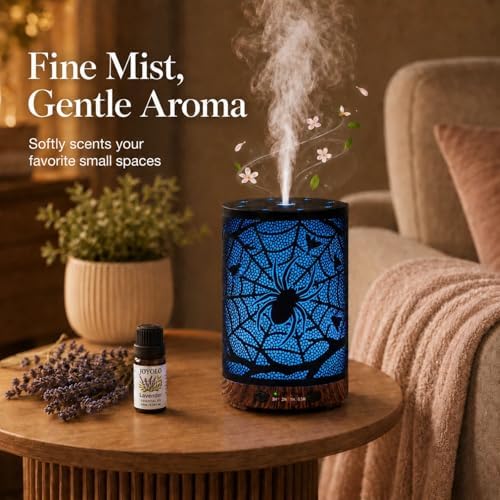 Essential Oil Diffuser 120ML Metal Aromatherapy Diffuser with Timer, Cool Mist Humidifier with Auto Shut-Off & 7 Color Lights for Home Office Spa (Spider Web)
