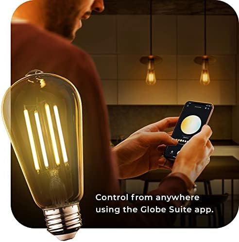 GLOBE Electric 34919 Wi-Fi Smart 5.5W (60W Equivalent) Straight Filament Tunable White Amber Glass LED Light Bulb, No Hub Required, Voice Activated, 2000K - 5000K, Vintage Edison Style, 500 Lumns