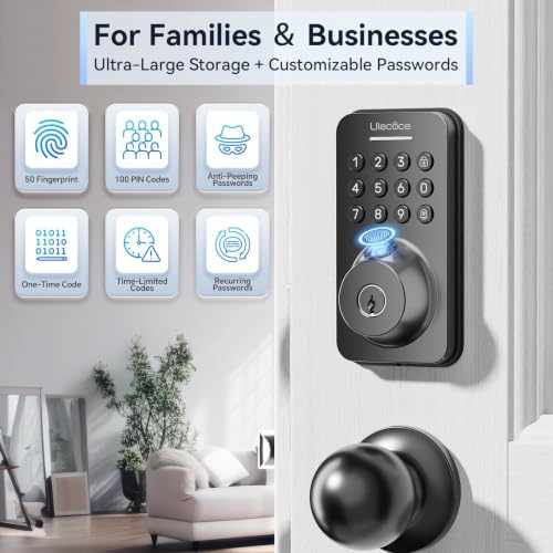 Ulecoce U68W WiFi Fingerprint Smart Door Lock with Knob Set, Matte Black