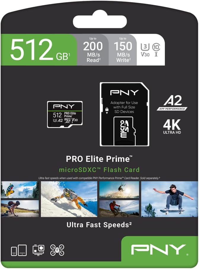PNY 512GB PRO Elite Prime™ C10 U3 V30 A2 microSDXC Flash Memory Card – Ultra-Fast Speeds, Read 200MB/s, Write 150MB/s, 4K UHD, Full HD, UHS-I, for Smartphones, Drones, Action Cameras