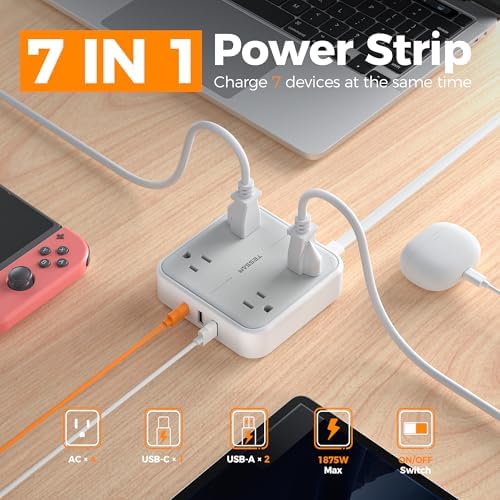 TESSAN Surge Protector Flat Extension Cord 5Ft, Flat Plug Power Strip