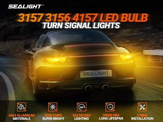 SEALIGHT Turn Signal Bulb, 3157A 3156 LED Bulbs Amber, 600% Super Bright High Power Canbus Error Free Anti Hyper Flash, 3457NA 4057 4157 for Front Rear Turn Signal Light, Blinker Marker Lights, 2 Pcs