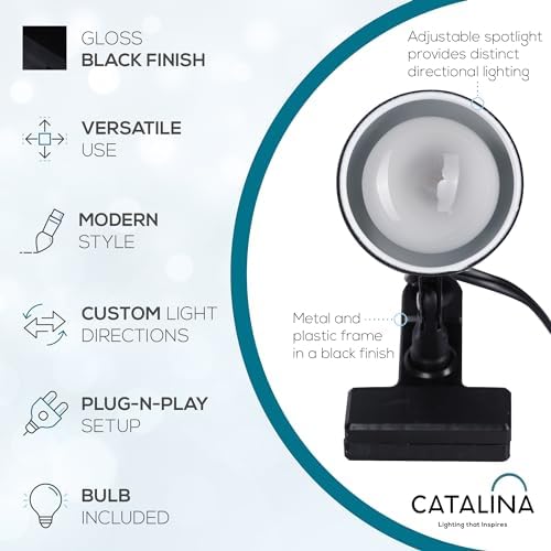 Catalina Lighting Adjustable LED Mini Clip Reading Lamp, Multipurpose Clip Lamp for Office, Dorm, or Bedroom, Smart Home Compatible, LED Bulb Included, 5", Black