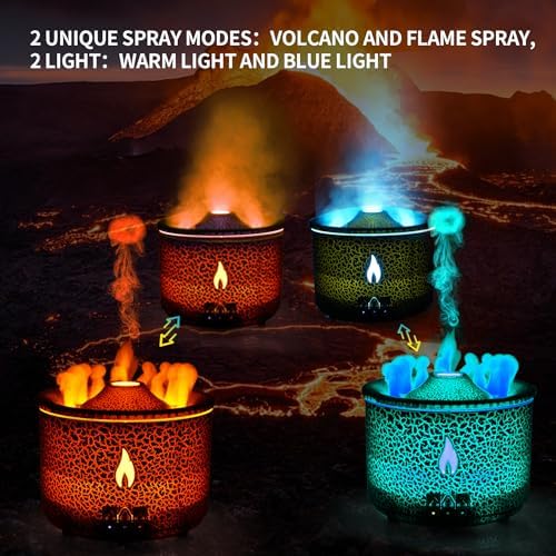 BOHOFAM Aroma Essential Oil Diffuser 360 ML,Volcano and Flame Diffuser/Humidifier,give1.76 oz Hotel Collection Essential Oils,Blue/red Light Selection,Diffusers for Home,Large Room(Black Cracks)