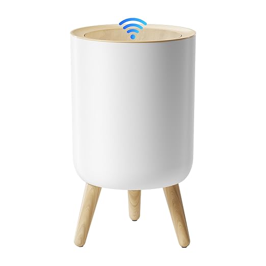 Motion Senor Bathroom Trash Can with Lid, 2.38 Gal Mini Garbage Can, Smart Automatic Touchless Open, Round Decorative Trashcan with legs and Wood Grain Top, for Kitchen Bedroom Office, Plastic, White