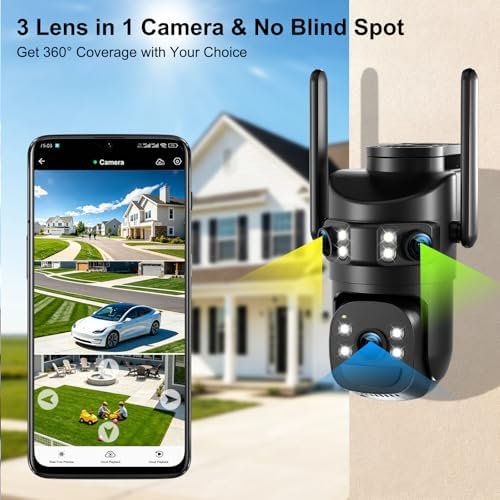 8MP 6K Triple Lens Solar Security Camera Outdoor, 5GHz/2.4GHz WiFi Wireless PTZ Camera, Color Night Vision, Auto Human Tracking, Two-Way Audio,IP66 Weatherproof Home Surveillance Cam