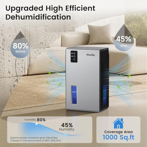 NineSky Dehumidifiers for Home, 1000 Sq.Ft Dehumidifier with 95oz Water Tank, Quiet Dehumidifier for Basement Bathroom Bedroom with 7-Color Ambient Light & Auto Shut Off, Sliver
