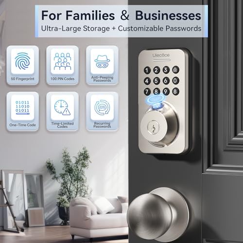Ulecoce U68W WiFi Fingerprint Smart Door Lock with Knob Set, Satin Nickel