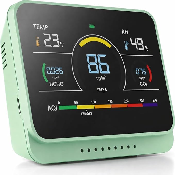Professional 13-in-1 Indoor Air Quality Monitor 6AQI with Alert and Buzzers PM1.0 |PM2.5 |PM10 |HCHO |CO2 |Humidity |Temperature, Portable Easy to Use for Car Office