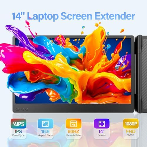 Laptop Screen Extender, 14" Triple Monitor Extender, 1080P FHD Portable Monitor for Laptop, Upgraded Auto-Width Fits 13-17.3" Laptops, Plug & Play Screen Extender Compatible with Windows/Mac/Chrome