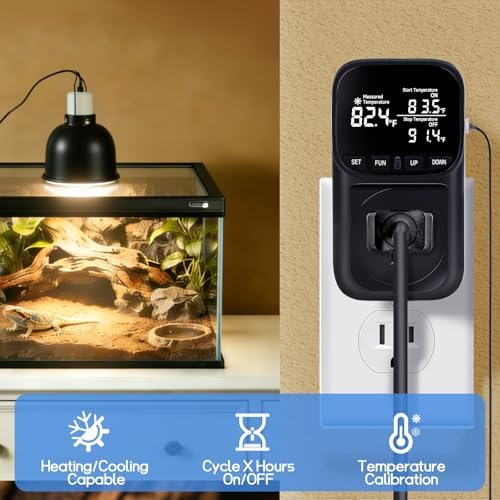 1800W Digital Thermostat for Reptile Tank, -40℉~210℉, Plug in Thermostat for Heater/Greenhouse with 5m/2m Cable, 15A Temperature Controlled Outlet with VA Display, Temp ±0.1°F, Black
