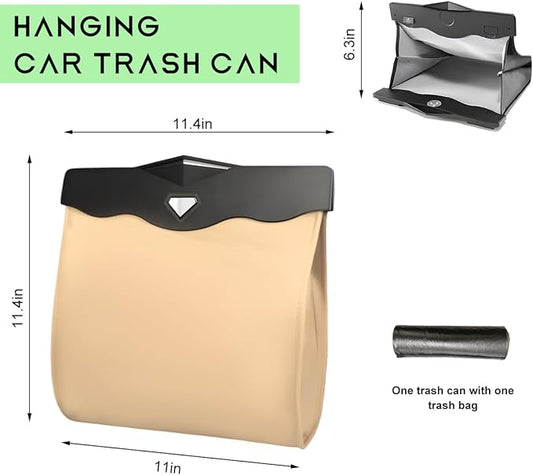 Smart LED Car Trash Can, Magnetic Leather Passenger Side Storage Pocket with Disposable Rubbish Bags, Waterproof Garbage Bag Multipurpose Hanging Container for Back Seat (Beige)