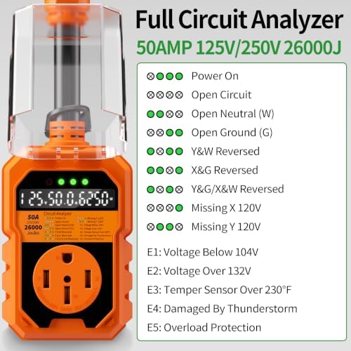 50 Amp RV Surge Protector 26000J Overload Auto Shutoff & Manual Reset