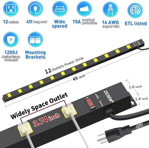12 Outlet Long Power Strips Wide-Spaced Outlets with 4ft Cord Power Strip