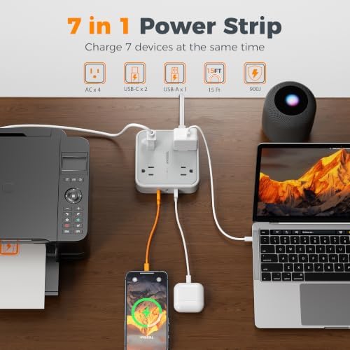 TESSAN Surge Protector Flat Extension Cord 15Ft, Flat Plug Power Strip