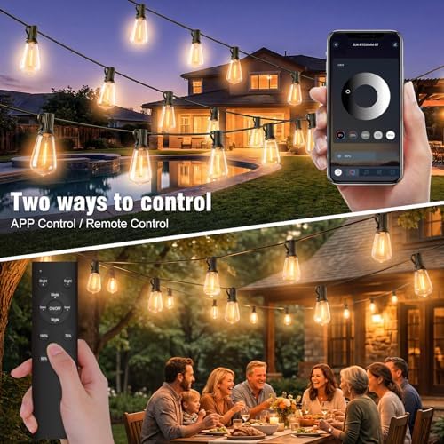 Outdoor String Lights 25FT, APP & Remote Control Dimmable Patio Lights, Plug in LED String Lights with Timer, Waterproof Backyard Pergola Garden Party Decor