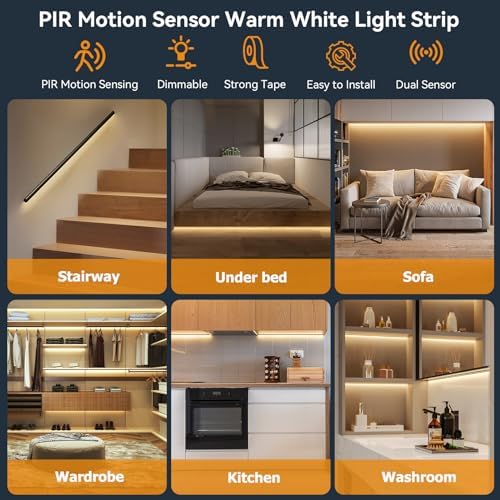Dual Motion Sensor LED Light Strip Indoor 19.7ft Warm White Night Lighting