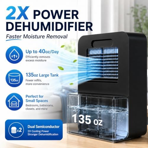 Frizzlife DH80 Dehumidifier with 135oz Water Tank, Small Dehumidifiers With Auto Shut Off & Purifying For Bedroom, Bathroom, Home, Low-Noise Quiet Sleep Mode with Timer, 7 Colors Light, Black