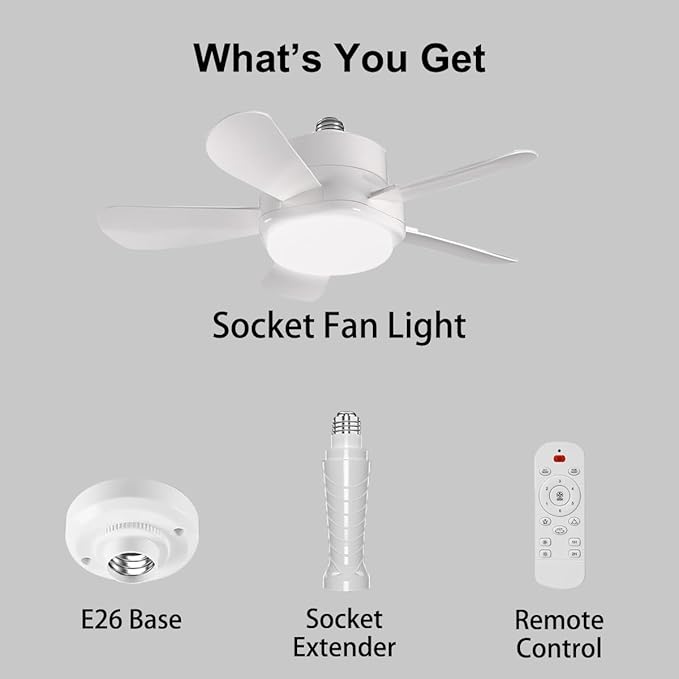 Ligency Smart Socket Fan Light with Remote, 16 inch Small Socket Ceiling Fan Light with RGBW, E26 Screw in Ceiling Light Bulb Fan, 1800Lm, Work with Alexa & Google Assistant for Garage Bedroom, White