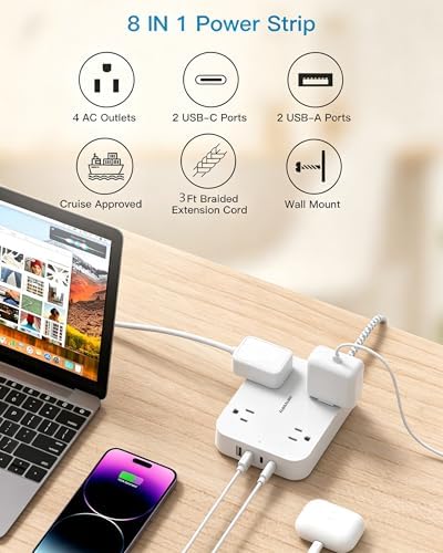 3Ft Short Power Strip with 4 USB Ports(2 USB C), 4 Widely Spaced AC Outlets