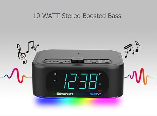 Emerson Smartset 7-Color Bluetooth Speaker - 10W Stereo Sound, 15W Wireless Charging, and LED Lights Changing to Music,Black