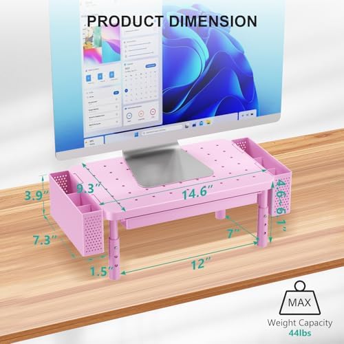 WALI Computer Monitor Stand with Storage, Desk Organizer with Drawer and Pen Holder, Desk Monitor Riser 3 Height Adjustable, Laptop Riser for Computer, Laptop, Printer (PTT003-P), 1 Pack, Pink