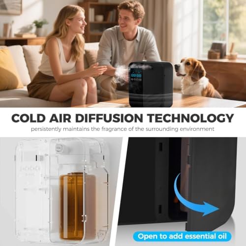 Waterless Scent Diffuser, WiFi Bluetooth App Controlled Fragrance Machine with LED Display, Timer, Adjustable Output for Home, Office, Hotel Lobby and Reception(Black)
