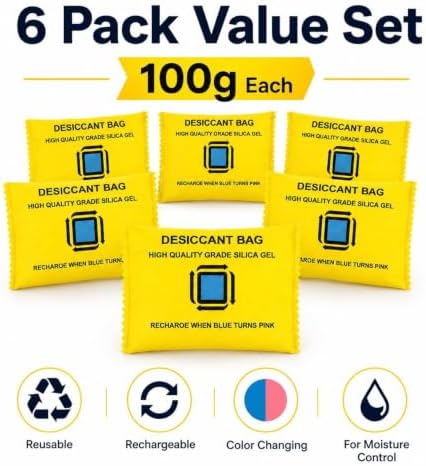 6×100g Reusable Silica Gel Desiccant Packs, Rechargeable & Color Changing