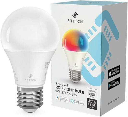 Stitch Smart Wi-Fi RGB Light Bulb, 9W LED RGB Color and Warm, Cool White, A19 E26 Compatible with Google Home for Touchless Control
