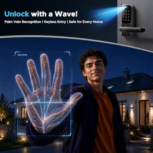Camcamp Palm Vein Smart Lock, Keyless Entry Door Lock with Handle, Smart Door Lock with Doorbell for Front Door, Built-in Wi-Fi, Auto Lock, Backlit Keypad, IP65 Waterproof, DIY Installation