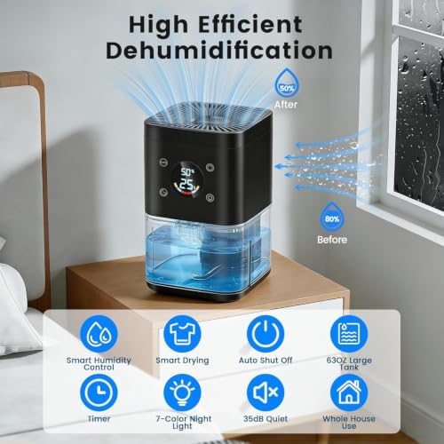 Small Dehumidifier for Bedroom – 63oz 35dB Quiet Auto Dehumidify (60/70%) & Continuous Mode for Bathroom Home Closet RV, Auto Defrost & Auto Shut-Off, 7-Color Light & Timer, Lightweight – Black