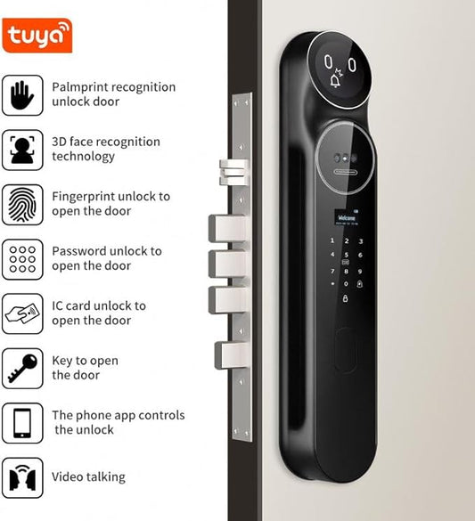 3D Face Recognition Smart Door Lock with Camera: AI Voice commandes, Video Intercom, Palm Vine, Tuya App Access, Biometric Fingerprint& Keyless Entry, Heavy Duty, Aluminum, for Home & Office