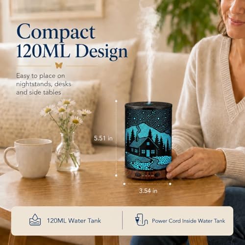 Essential Oil Diffuser, 120 ml Aromatherapy Diffuser with 7 Color Lights, Auto Shut-Off and 4 Timer Settings, Ultrasonic Cool Mist Diffuser for Home Room Office (Winter Cabin)