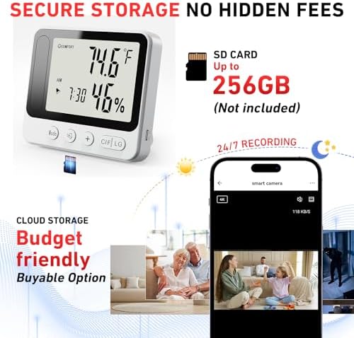 Hygrometer with Camera 4K WiFi Nanny Cam with Humidity and Tempreture Monitor, Motion Detection, Night Vision, Live View by Phone