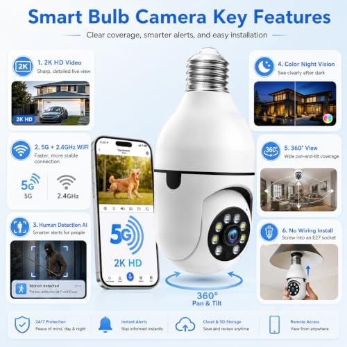 Light Bulb Security Camera 2‑Pack, 3MP Wireless Outdoor Camera, 2.4GHz/5GHz Dual‑Band WiFi, Light Socket Camera, Two‑Way Talk, Human Detection, Color Night Vision, TF Card & Cloud Storage
