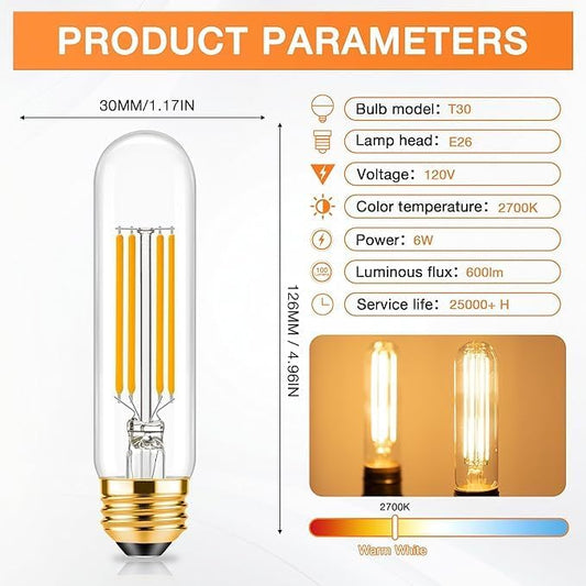 ToBeGreat T30 Light Bulbs Dimmable Filament Bulb 6 Watt Equivalent 60W Bulb E26 Tubular Bulbs T10 Edison LED Warm White 2700K,Desk Lamp,Kitchen Cafes Restaurants Bedbroom Bathroom,6 Pack
