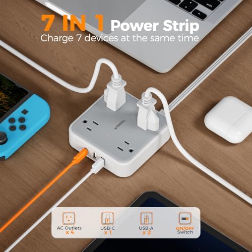 TESSAN Surge Protector Flat Extension Cord 10Ft, Flat Plug Power Strip
